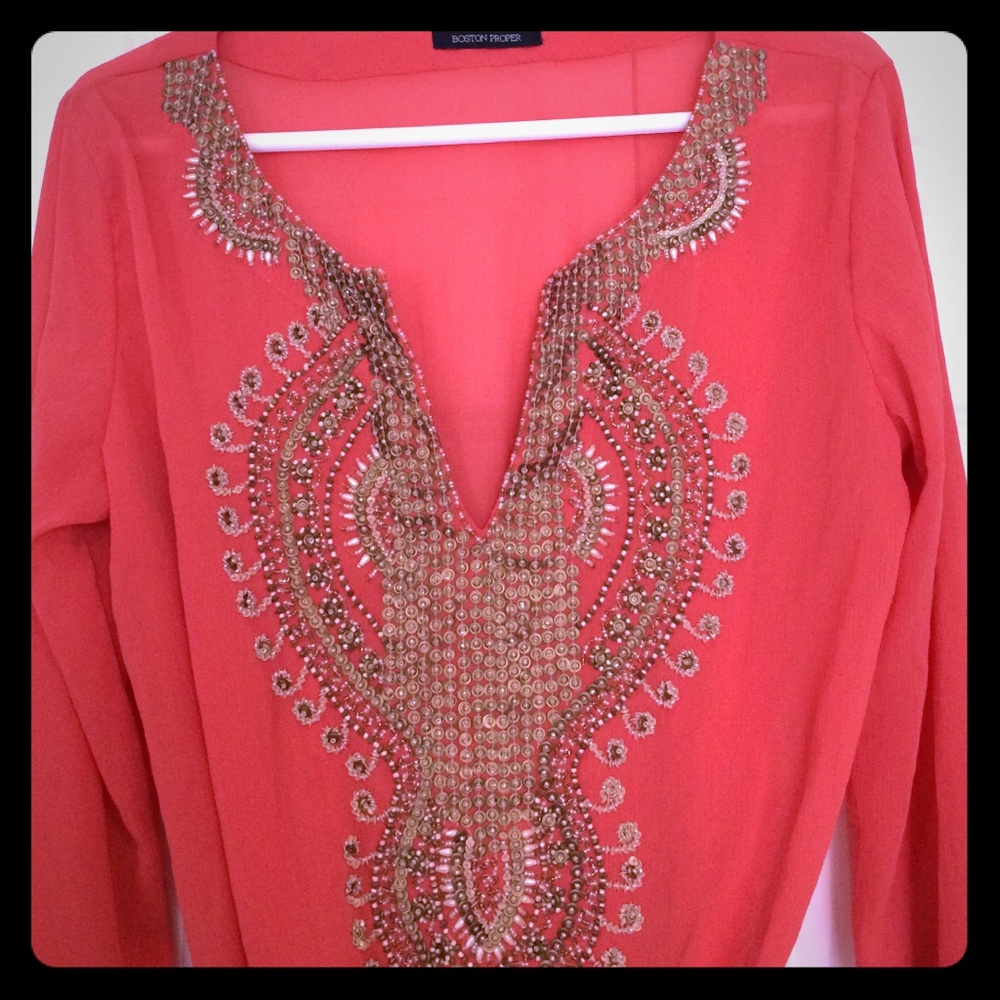 Boston Proper Coral-Beaded V-Neck Embellished Tunic